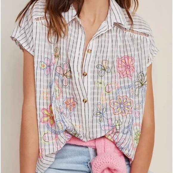 Pilcro Anthropologie Top Womens XL Linen Blend Serena Surf Henley Embroidered - Picture 1 of 12